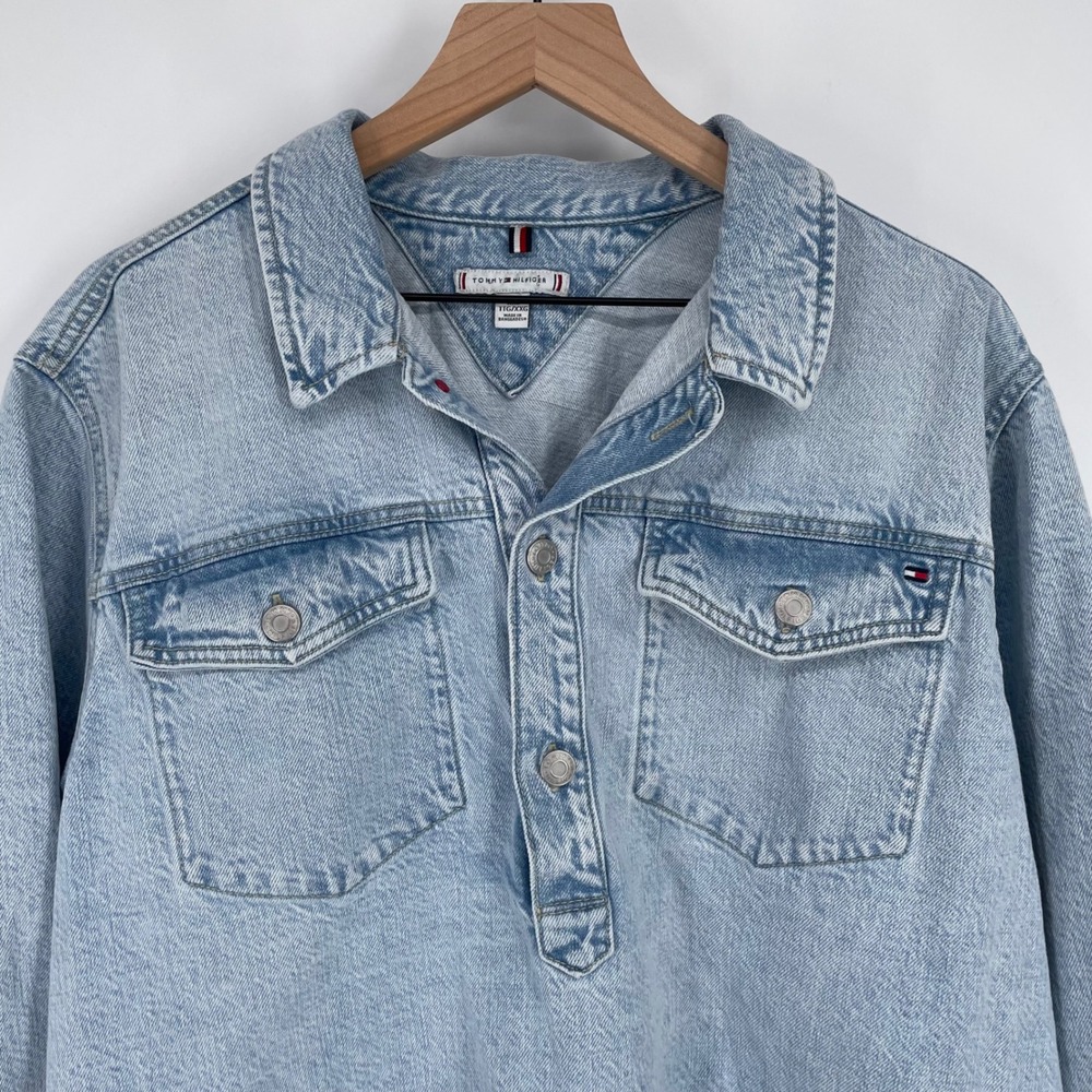 Tommy Hilfiger Y2K Retro Light Wash Denim Popover Shirt 1/4 Button Women's XXL